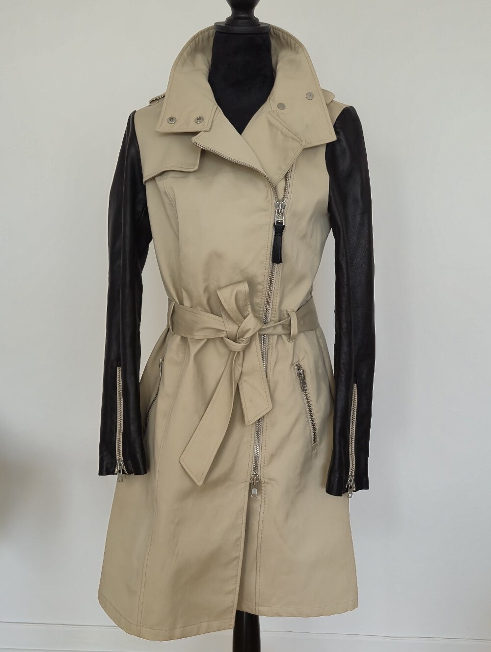 Mackage Mixed Media Trench Coat Leather Sleeves Khaki Edgy Chic